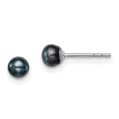 Sterling Silver Rh-Plated 3-4mm Black Fw Cultured Button Pearl Stud Earring