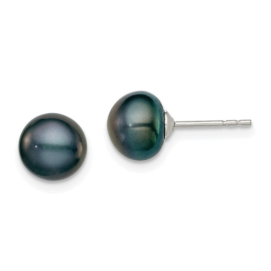 Sterling Silver Rh-Plated 7-8mm Black Fw Cultured Button Pearl Stud Earring