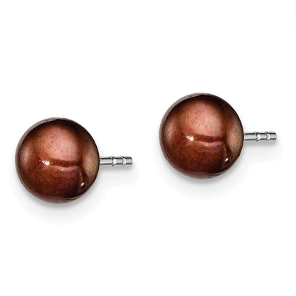 Sterling Silver Rh-Plated 5-6mm Brown Fw Cultured Button Pearl Stud Earring