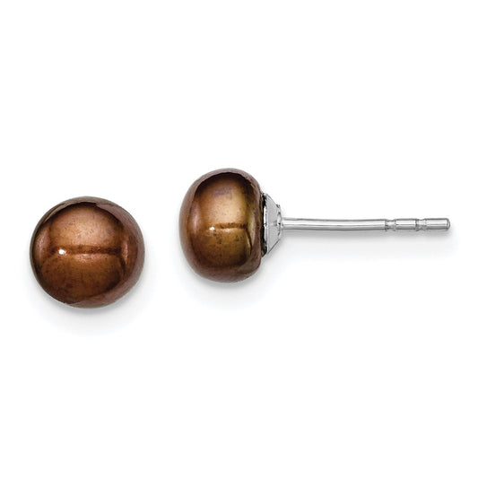 Sterling Silver Rh-Plated 5-6mm Brown Fw Cultured Button Pearl Stud Earring
