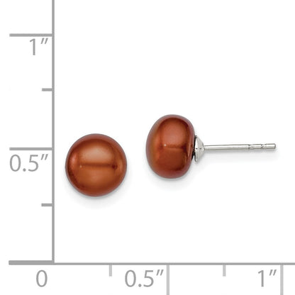 Sterling Silver Rh-Plated 7-8mm Brown Fw Cultured Button Pearl Stud Earring