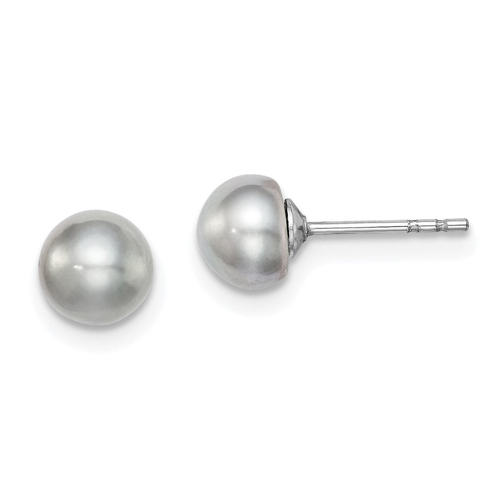 Sterling Silver Rh-Plated 5-6mm Grey Fw Cultured Button Pearl Stud Earrings