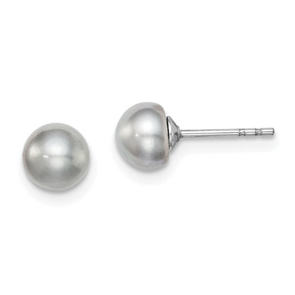 Sterling Silver Rh-Plated 5-6mm Grey Fw Cultured Button Pearl Stud Earrings