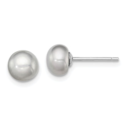 Sterling Silver Rh-Plated 6-7mm Grey Fw Cultured Button Pearl Stud Earrings