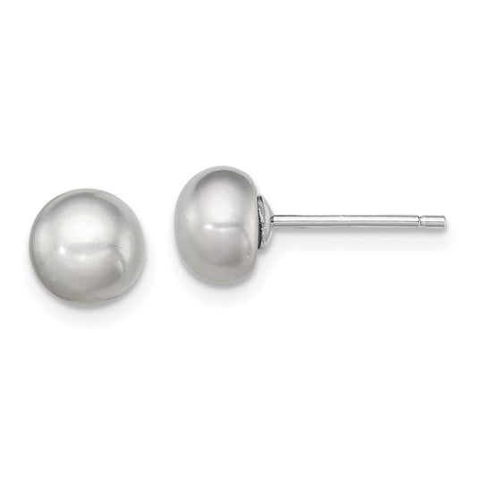Sterling Silver Rh-Plated 6-7mm Grey Fw Cultured Button Pearl Stud Earrings