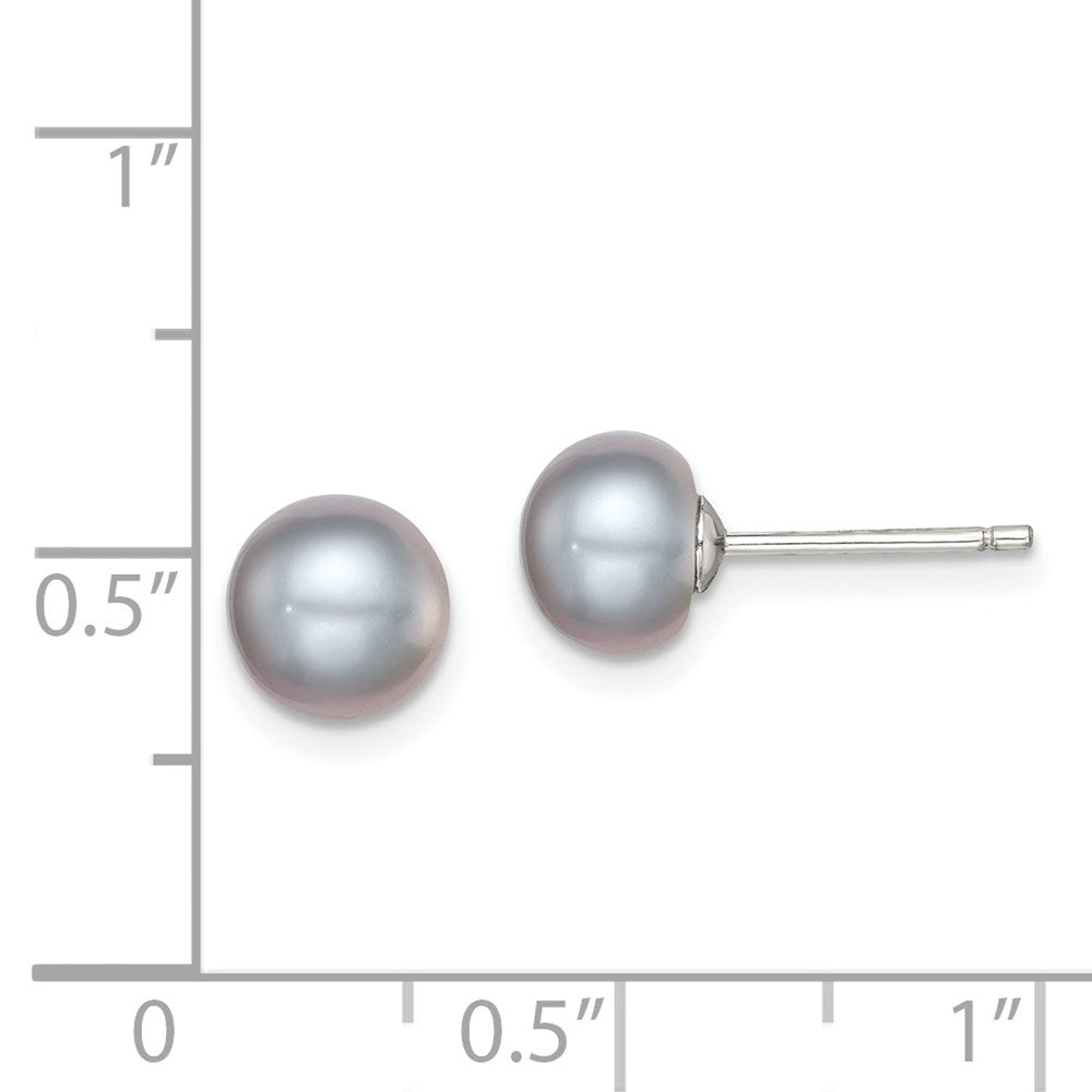 Sterling Silver Rh-Plated 7-8mm Grey Fw Cultured Button Pearl Stud Earrings