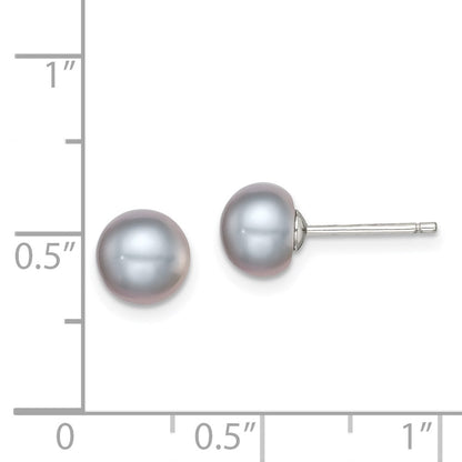 Sterling Silver Rh-Plated 7-8mm Grey Fw Cultured Button Pearl Stud Earrings
