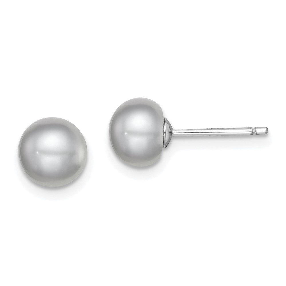 Sterling Silver Rh-Plated 7-8mm Grey Fw Cultured Button Pearl Stud Earrings