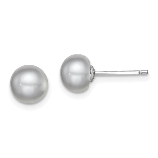 Sterling Silver Rh-Plated 7-8mm Grey Fw Cultured Button Pearl Stud Earrings