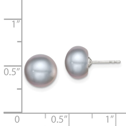 Sterling Silver Rh-Plated 9-10mm Grey Fw Cultured Button Pearl Stud Earring