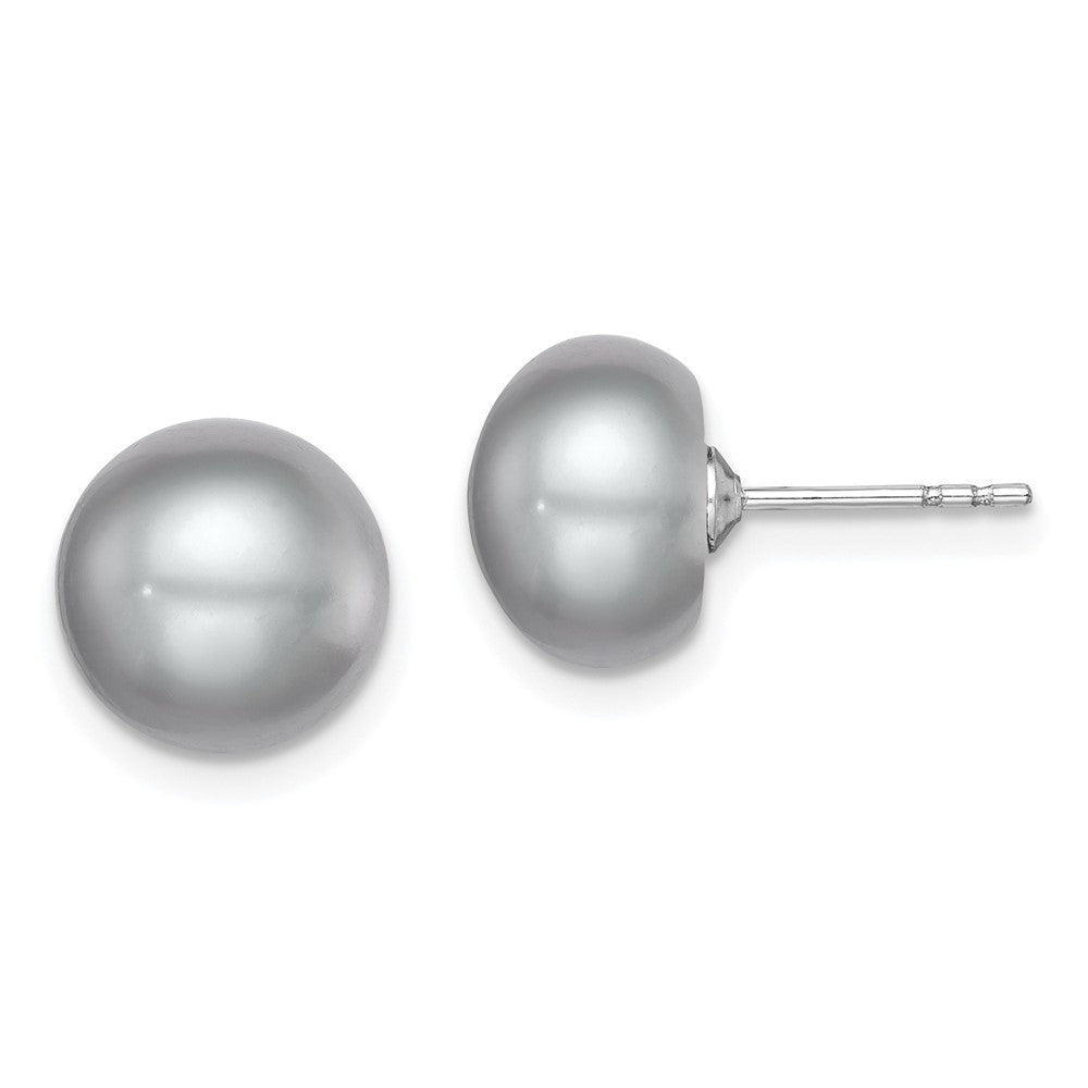 Sterling Silver Rh-Plated 9-10mm Grey Fw Cultured Button Pearl Stud Earring