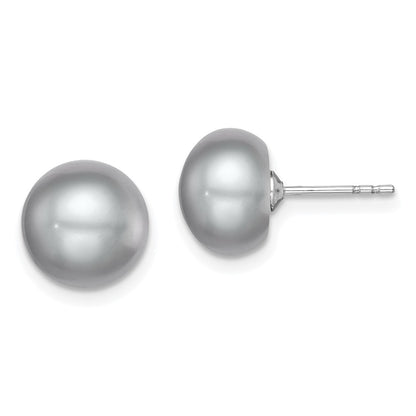 Sterling Silver Rh-Plated 9-10mm Grey Fw Cultured Button Pearl Stud Earring