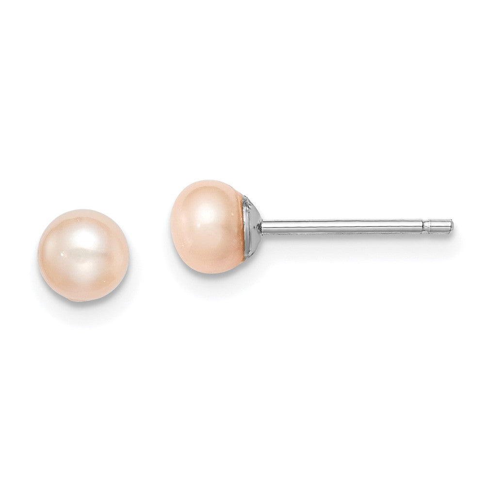 Sterling Silver Rh-Plated 4-5mm Pink Fw Cultured Button Pearl Stud Earrings