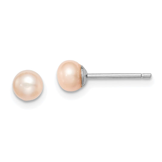 Sterling Silver Rh-Plated 4-5mm Pink Fw Cultured Button Pearl Stud Earrings
