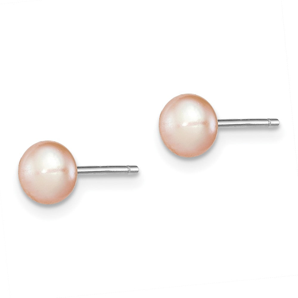 Sterling Silver Rh-Plated 5-6mm Pink Fw Cultured Button Pearl Stud Earrings