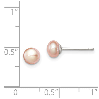Sterling Silver Rh-Plated 5-6mm Pink Fw Cultured Button Pearl Stud Earrings