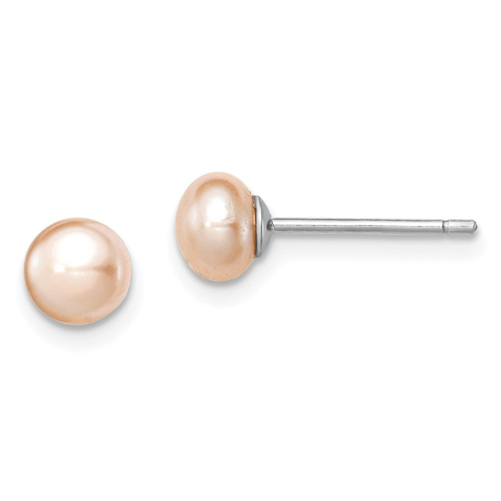 Sterling Silver Rh-Plated 5-6mm Pink Fw Cultured Button Pearl Stud Earrings