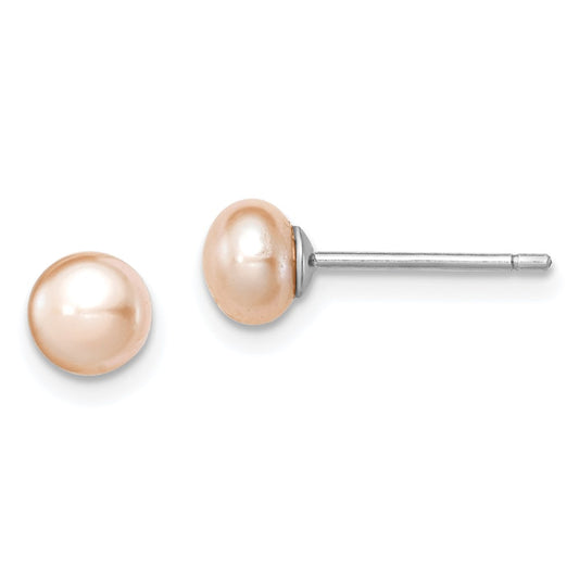 Sterling Silver Rh-Plated 5-6mm Pink Fw Cultured Button Pearl Stud Earrings