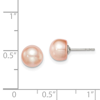 Sterling Silver Rh-Plated 7-8mm Pink Fw Cultured Button Pearl Stud Earrings