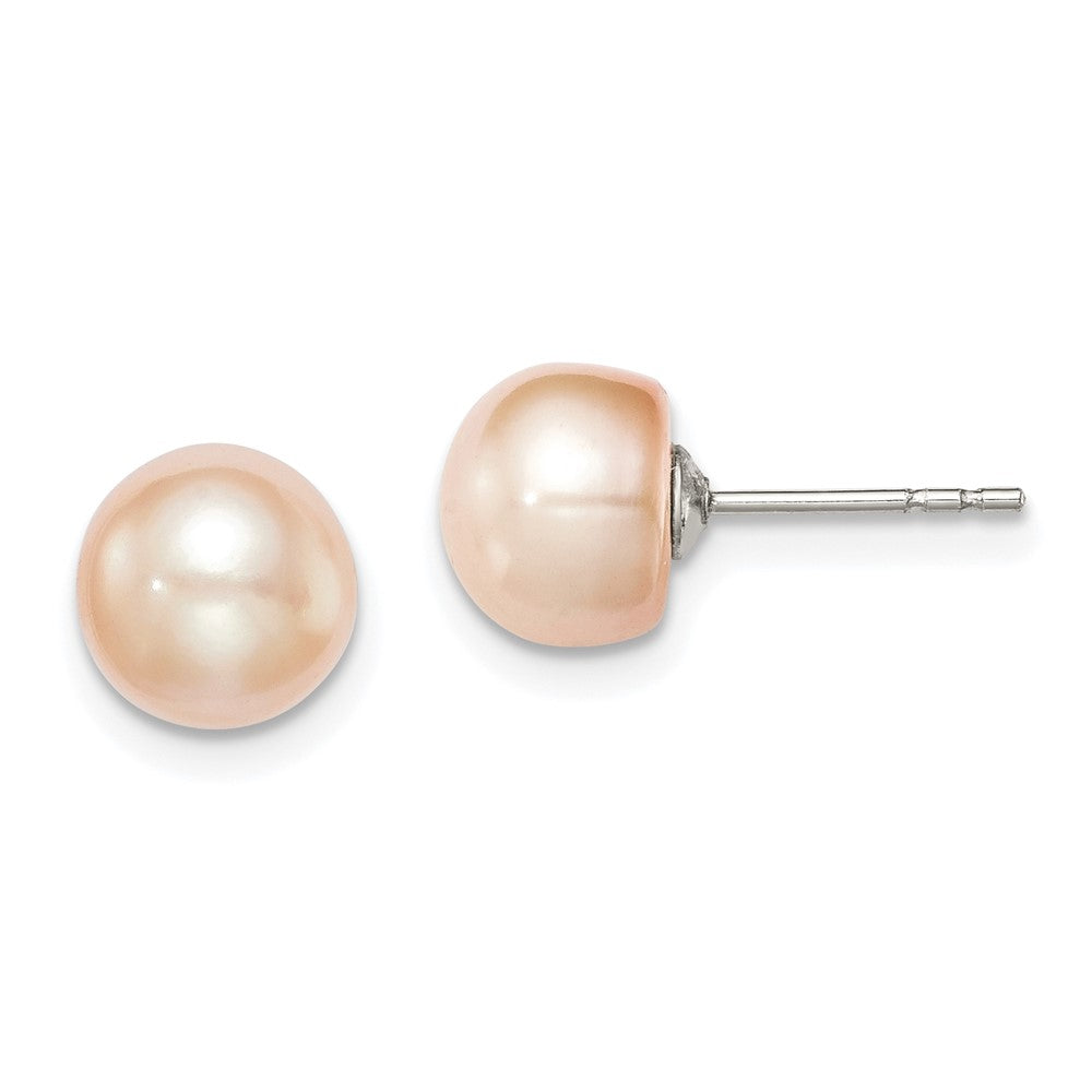 Sterling Silver Rh-Plated 7-8mm Pink Fw Cultured Button Pearl Stud Earrings