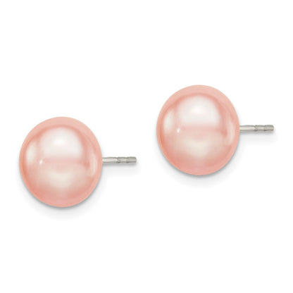 Sterling Silver Rh-Plated 9-10mm Pink Fw Cultured Button Pearl Stud Earring