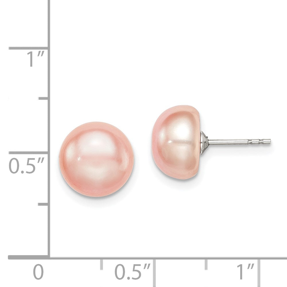 Sterling Silver Rh-Plated 9-10mm Pink Fw Cultured Button Pearl Stud Earring