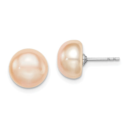 Sterling Silver Rh-Plated 9-10mm Pink Fw Cultured Button Pearl Stud Earring