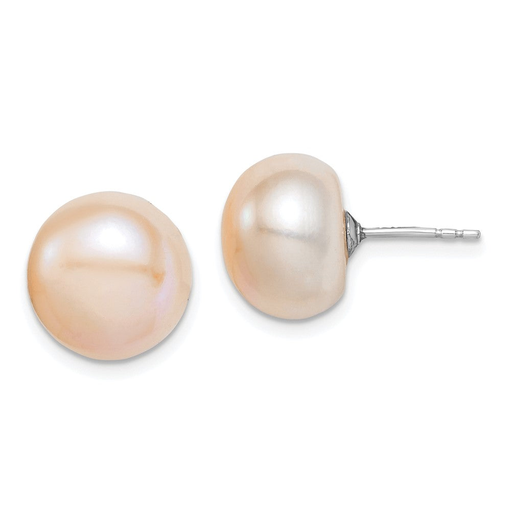 Sterling Silver Rh-Pl 11-12mm Pink Fw Cultured Button Pearl Stud Earrings