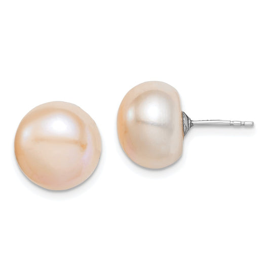 Sterling Silver Rh-Pl 11-12mm Pink Fw Cultured Button Pearl Stud Earrings