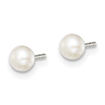 Sterling Silver Rh-Plated 3-4mm White Fw Cultured Button Pearl Stud Earring