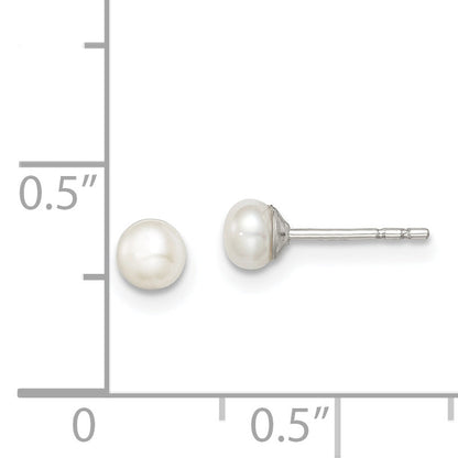 Sterling Silver Rh-Plated 3-4mm White Fw Cultured Button Pearl Stud Earring