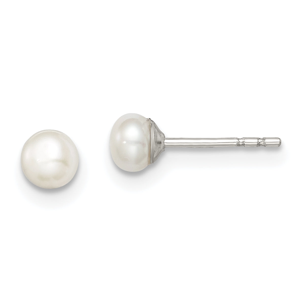 Sterling Silver Rh-Plated 3-4mm White Fw Cultured Button Pearl Stud Earring