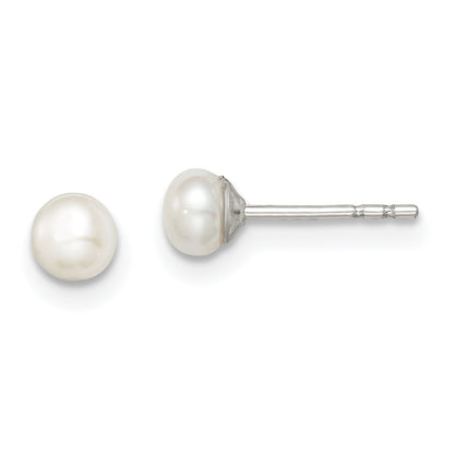 Sterling Silver Rh-Plated 3-4mm White Fw Cultured Button Pearl Stud Earring