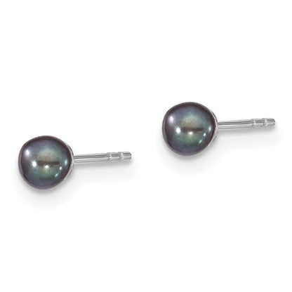 Sterling Silver 3-4mm Rh Black Fw Cultured Round Pearl Stud Earrings