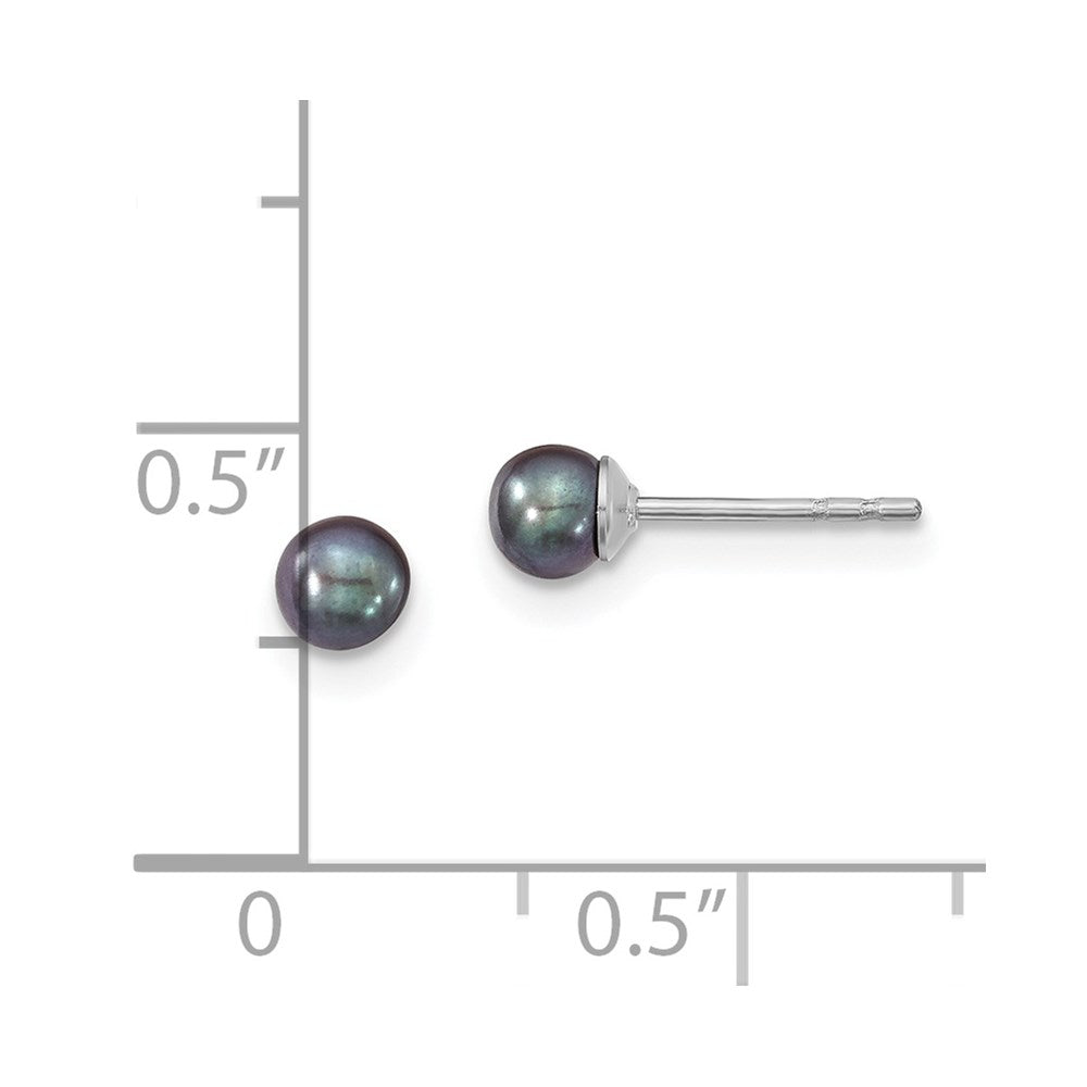 Sterling Silver 3-4mm Rh Black Fw Cultured Round Pearl Stud Earrings