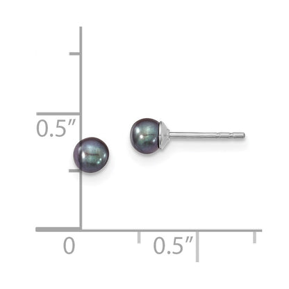 Sterling Silver 3-4mm Rh Black Fw Cultured Round Pearl Stud Earrings