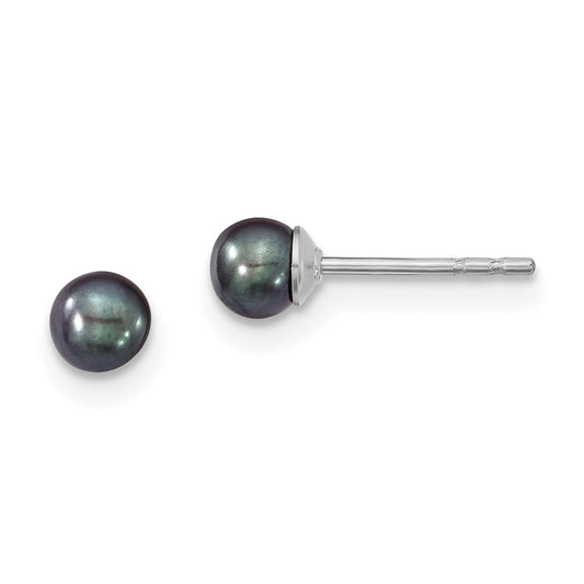 Sterling Silver 3-4mm Rh Black Fw Cultured Round Pearl Stud Earrings