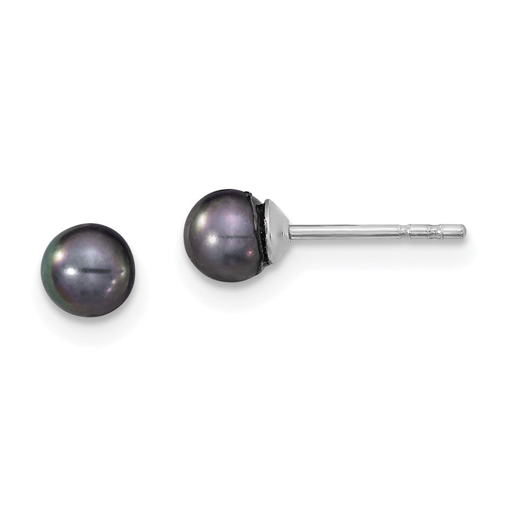 Sterling Silver 4-5mm Rh Black Fw Cultured Round Pearl Stud Earrings