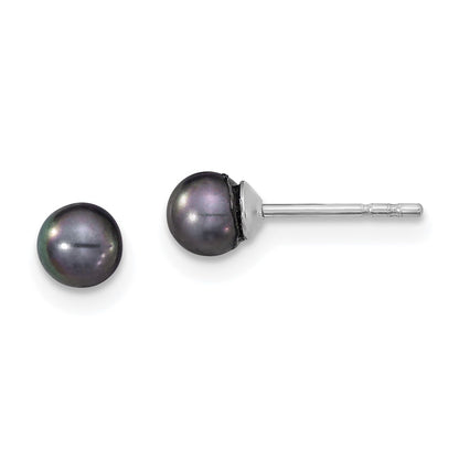 Sterling Silver 4-5mm Rh Black Fw Cultured Round Pearl Stud Earrings