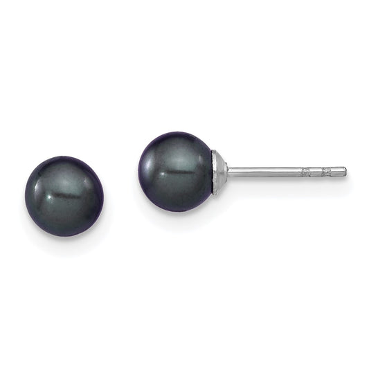 Sterling Silver Rh-Plated 5-6mm Black Fw Cultured Round Pearl Stud Earrings
