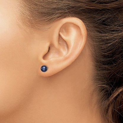 Sterling Silver Rh-Plated 6-7mm Black Fw Cultured Round Pearl Stud Earrings