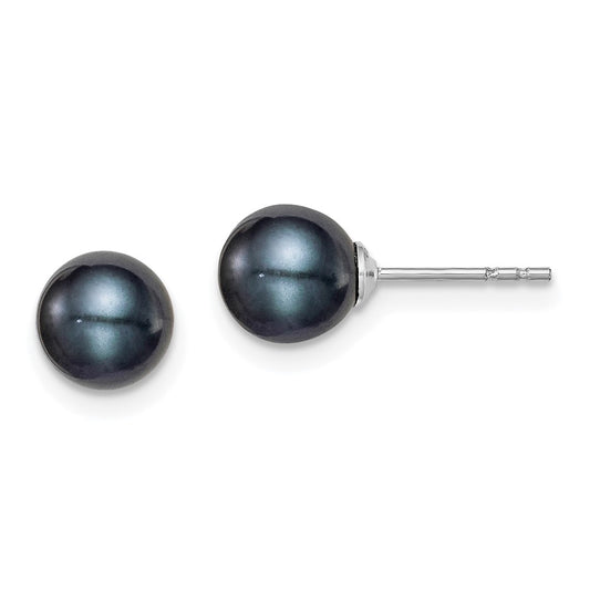 Sterling Silver Rh-Plated 6-7mm Black Fw Cultured Round Pearl Stud Earrings