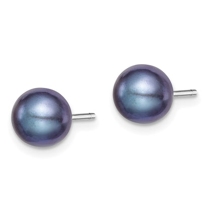 Sterling Silver Rh-Plated 7-8mm Black Fw Cultured Round Pearl Stud Earrings
