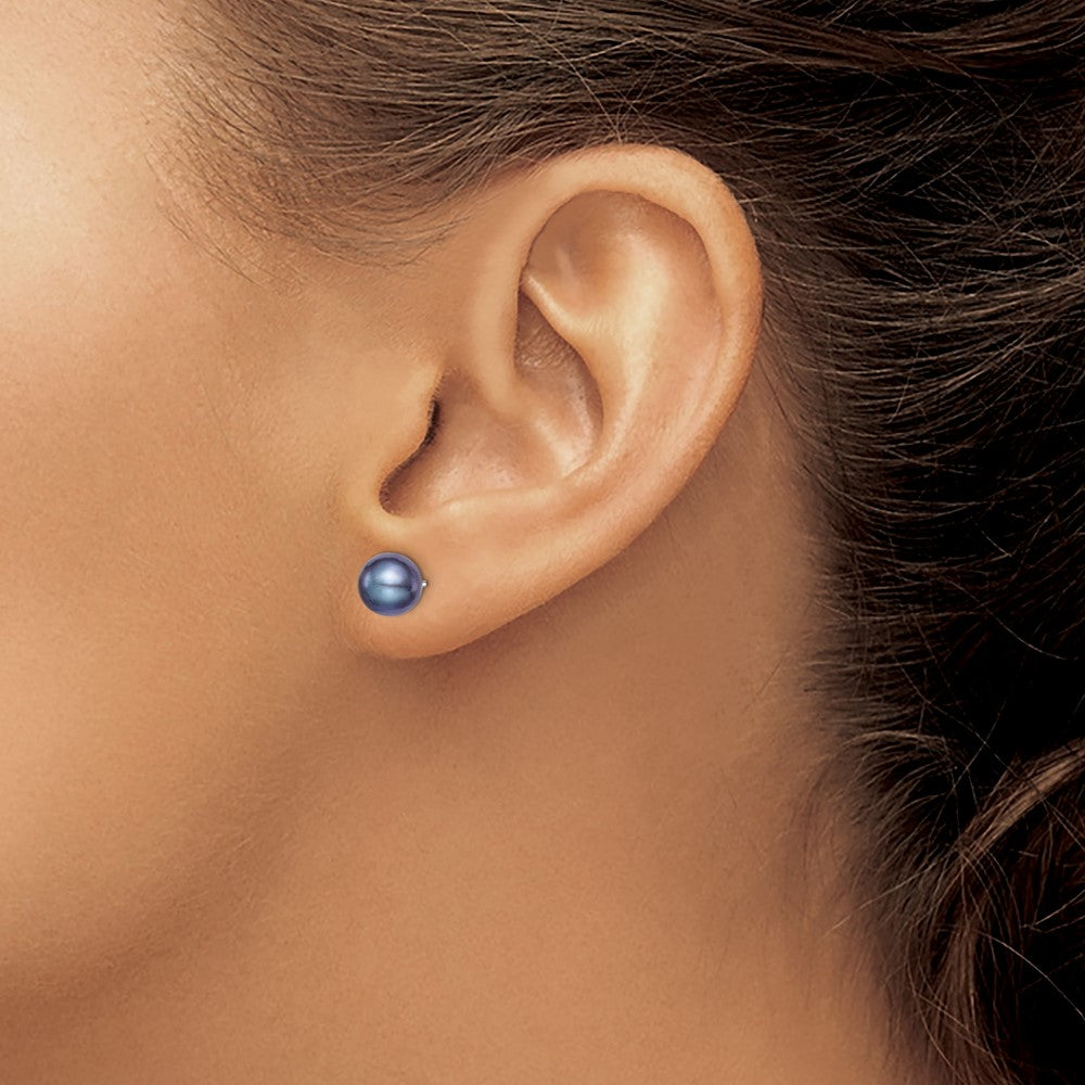 Sterling Silver Rh-Plated 7-8mm Black Fw Cultured Round Pearl Stud Earrings