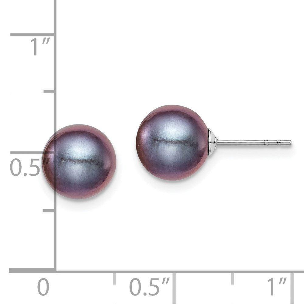 Sterling Silver Rh-Plated 8-9mm Black Fw Cultured Round Pearl Stud Earrings
