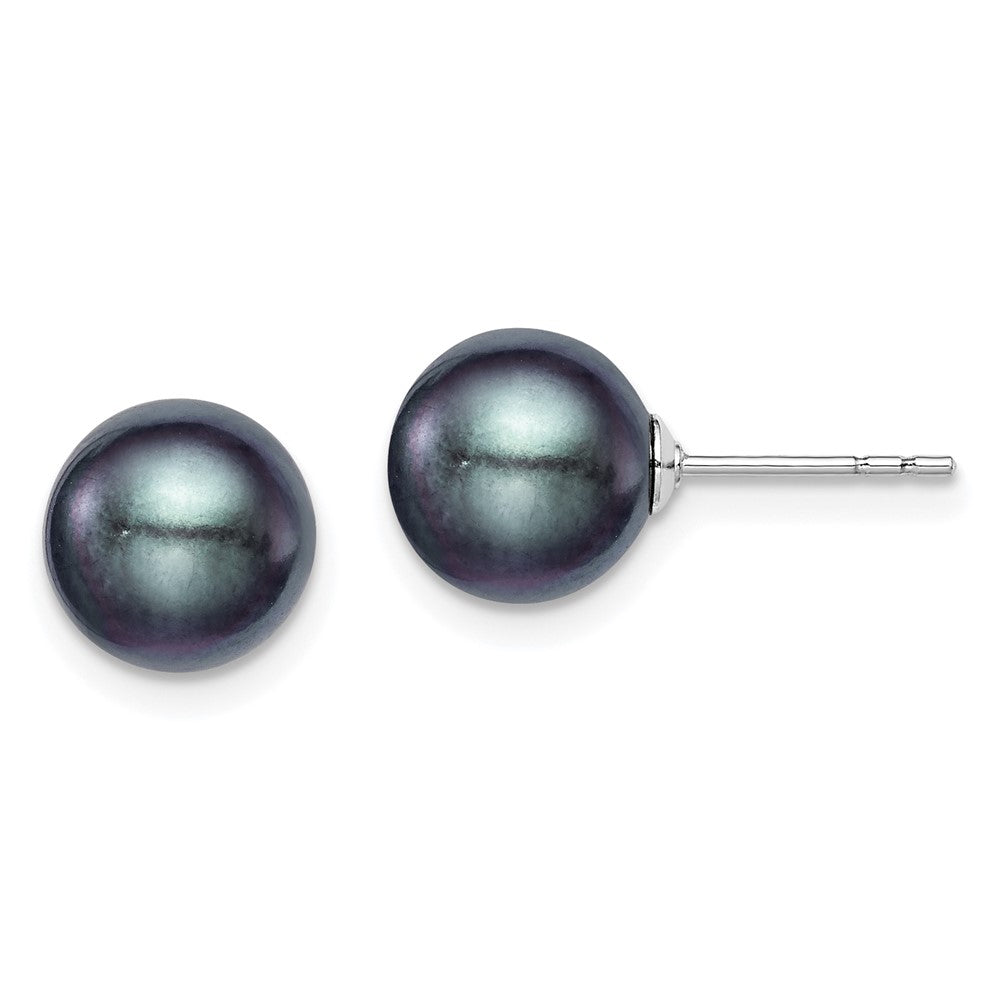 Sterling Silver Rh-Plated 8-9mm Black Fw Cultured Round Pearl Stud Earrings