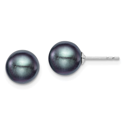 Sterling Silver Rh-Plated 8-9mm Black Fw Cultured Round Pearl Stud Earrings
