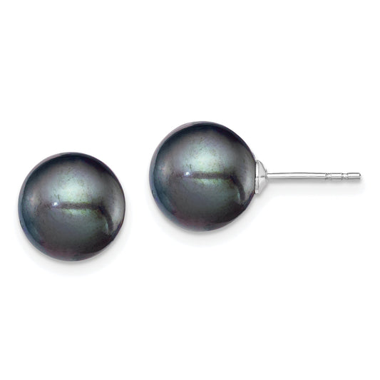 Sterling Silver Rh-Plated 9-10mm Black Fw Cultured Round Pearl Stud Earring