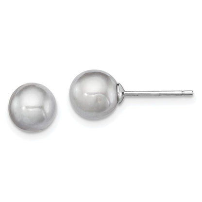 Sterling Silver Rhodium Plated 7-8mm Grey Round Freshwater Cultured Pearl Post Stud Earrings