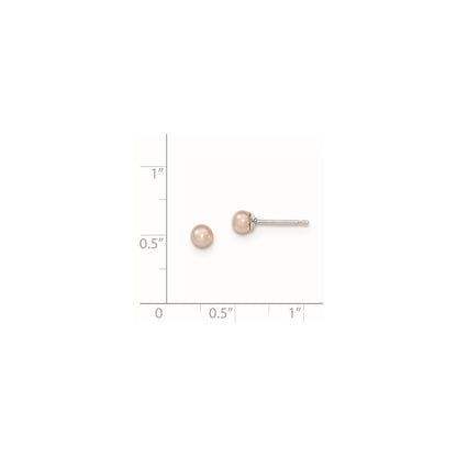 Sterling Silver Rhodium Plated 3-4mm Pink Round Freshwater Cultured Pearl Post Stud Earrings